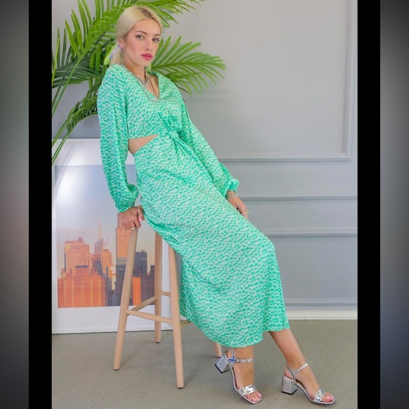 H&M Ballooned-Sleeve Green Print Cut-Out Crepe Dress - Picture 9 of 15